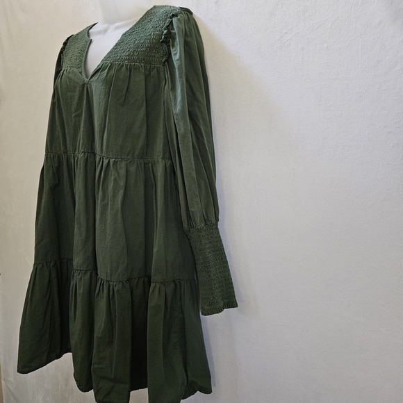 Pomander Place Dress sz M Ceci Smocked Long Sleeve Green Tiered Cotton Mini Boho - Picture 12 of 16